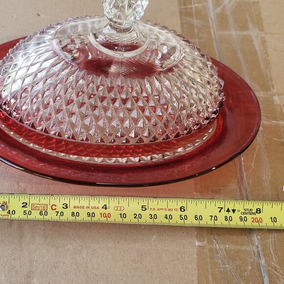 Vintage Indiana Glass Ruby Red Flash Diamond Point Oval Covered Butter Dish BINI - Picture 6 of 7